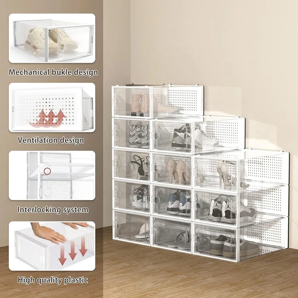 12-Pack Transparent Plastic Stackable Shoe Storage Boxes for Closet Linked Design Sports Shoe Organizers Foldable Shoe Racks