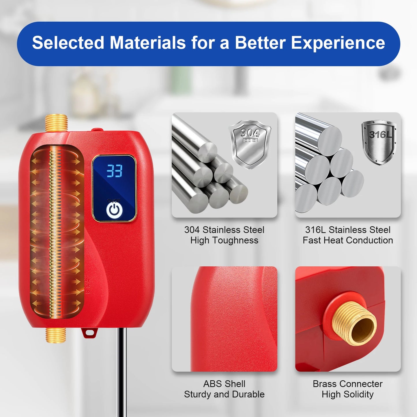 3000W Instant Water Heater 68-122℉ Kitchen Mini Electric Water Heater with Digital Display Red Tankless Water Heater
