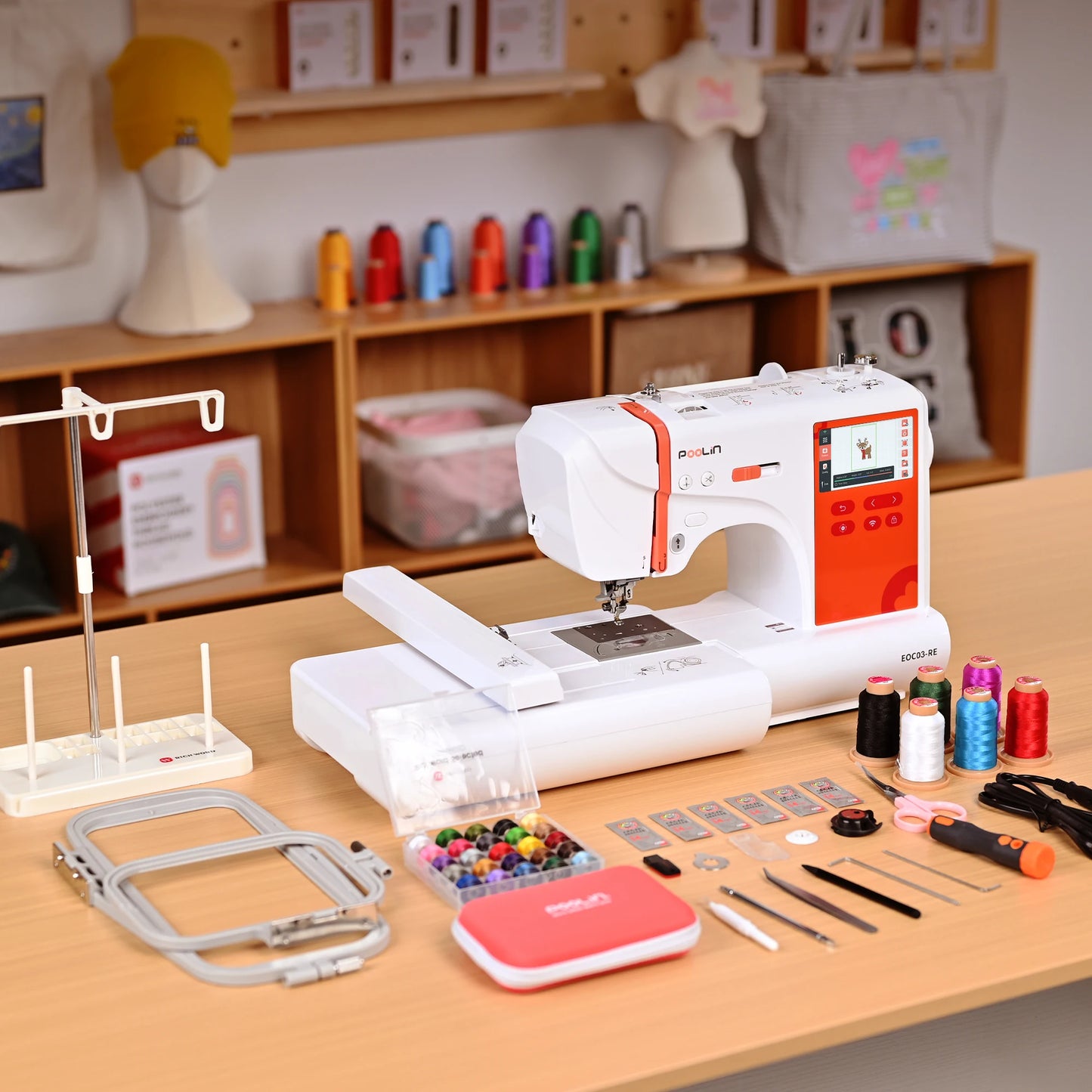 POOLIN EOC03RE Home Computerized Embroidery Machine for Beginners with  4*9.2" large embroidery area size