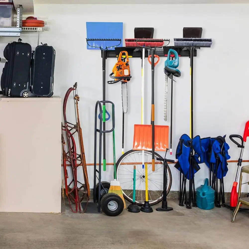 8-Piece Metal Wall-Mounted Garage Organizer for Brooms, Mops, Rakes, and Tools
