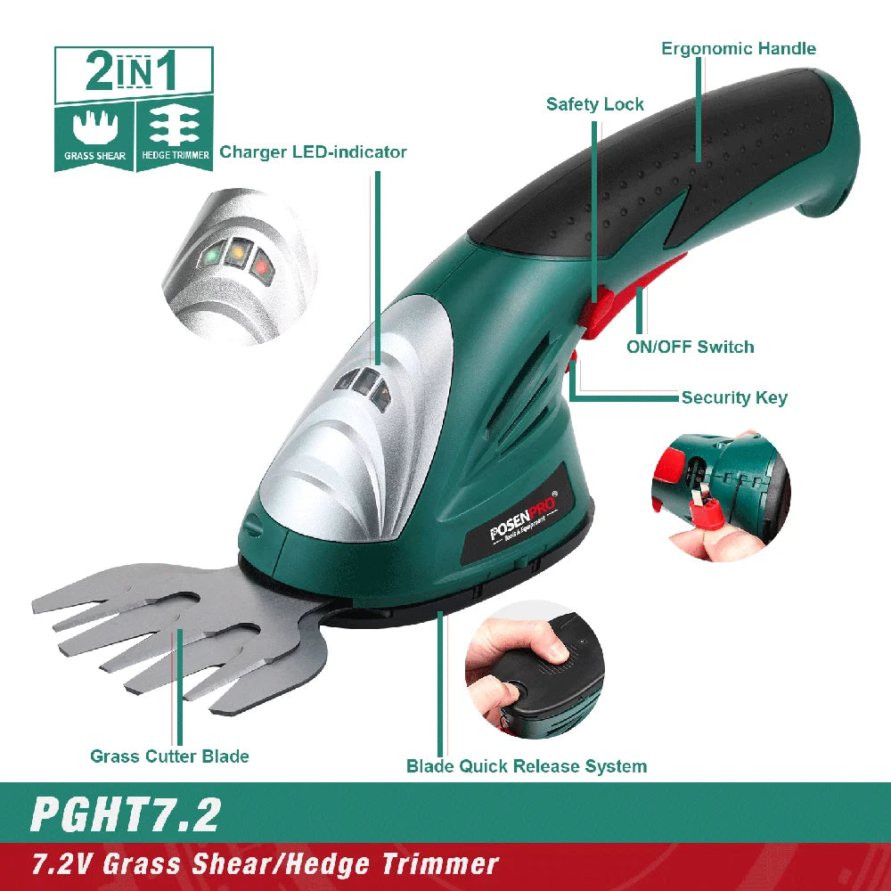 7.2V Pruning Shears 2in1 Cordless Grass Hedge Trimmer Battery Rechargeable Shear Hedger PGHT7.2 Cordless Garden Tool POSENPRO