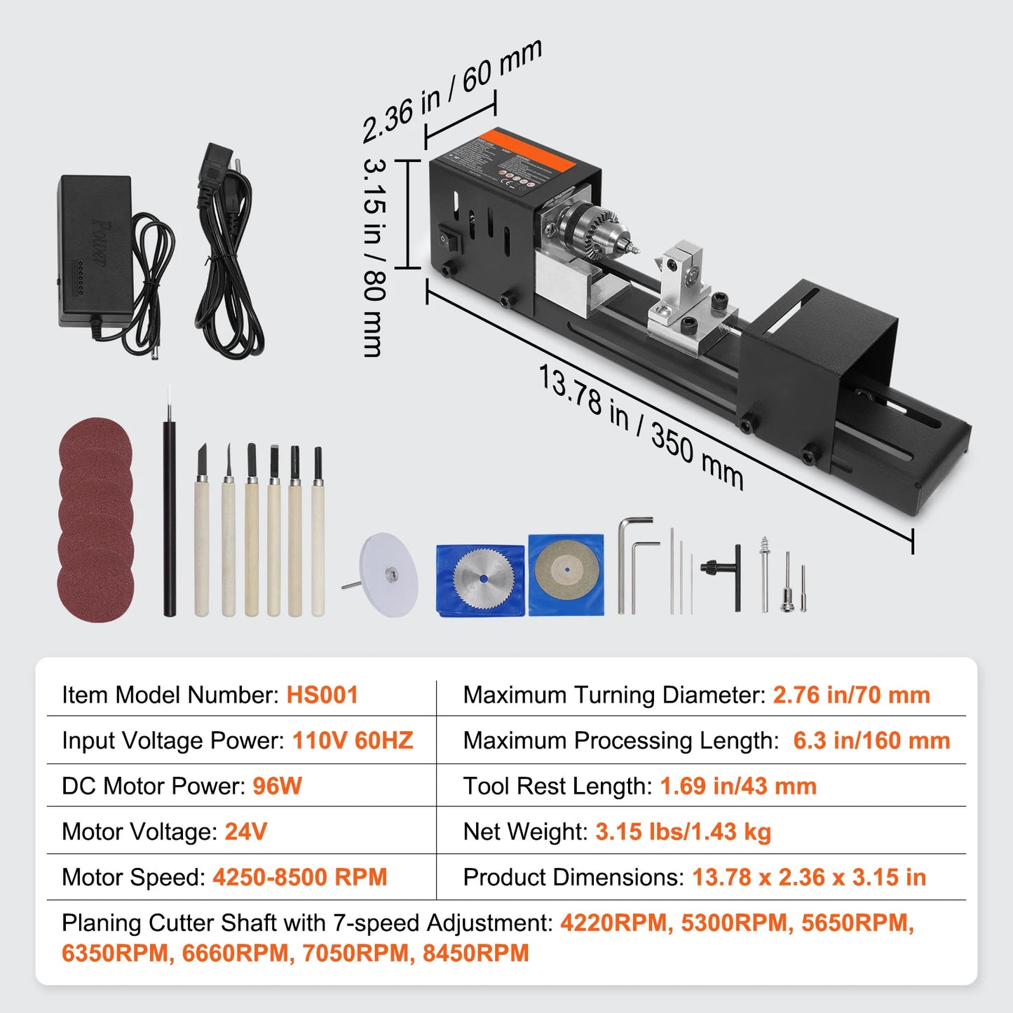 SucceBuy Mini Wood Lathe Machine 2.76inx6.3in 24VDC 96W Machine Accessories 7 Speed s for DIY Woodworking Wood Drill Rotary Tool