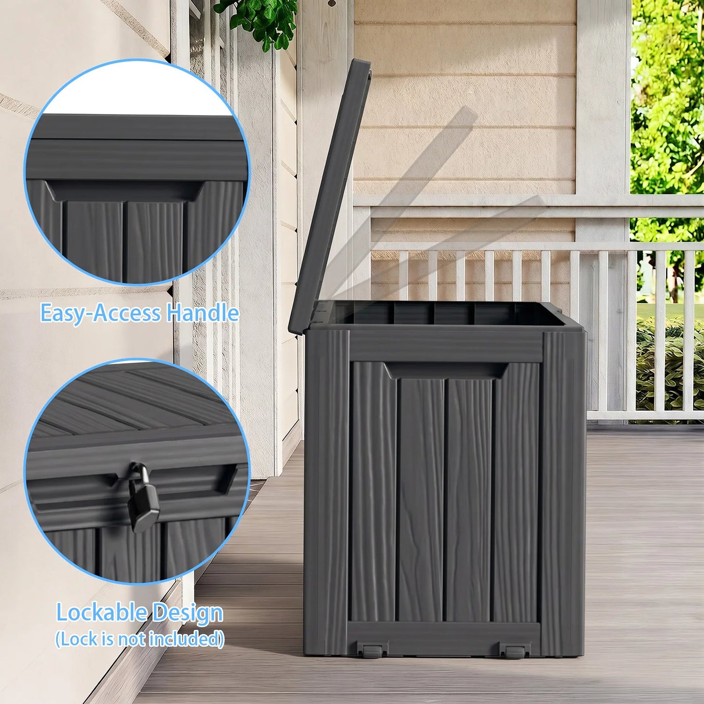 75 Gallon Black Outdoor Storage Box Waterproof Resin Deck Box with Wheels Lockable Patio Garden Storage Container for Cushions Tools Pool Supplies