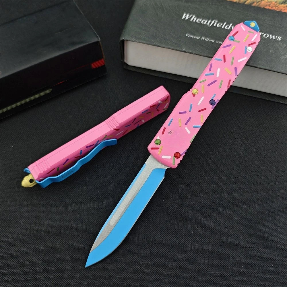 Outdoor Tactical Folding Knife 3.46 Inch D2 Blade T6 Aluminum Pink Donut Handle Deep Pocket Clip EDC Camping Hiking Hunting Tool
