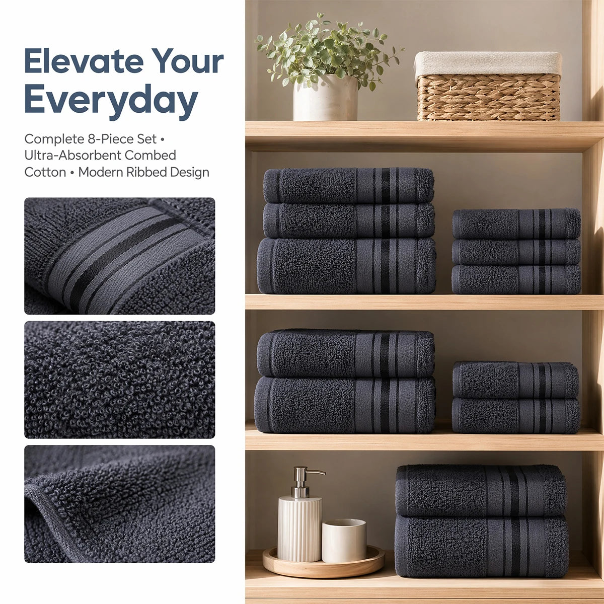 8 Piece Luxury Towel Set – Majestic Plush, Super Absorbent & Quicker-to-Dry, Thick 100% Ring Spun Cotton Towels for Bathroom, Spa & Hotel – 2 Bath, 2 Hand, 4 Washcloths