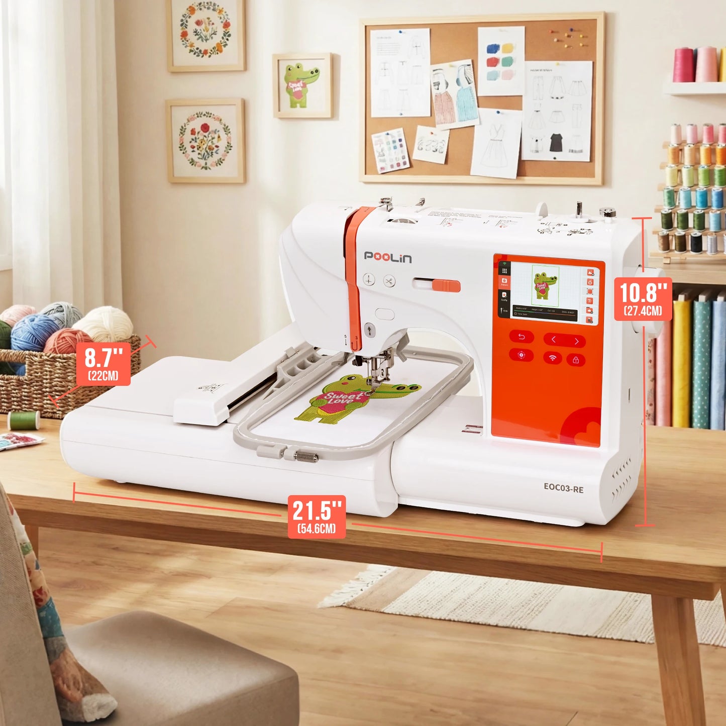 POOLIN EOC03RE Home Computerized Embroidery Machine for Beginners with  4*9.2" large embroidery area size