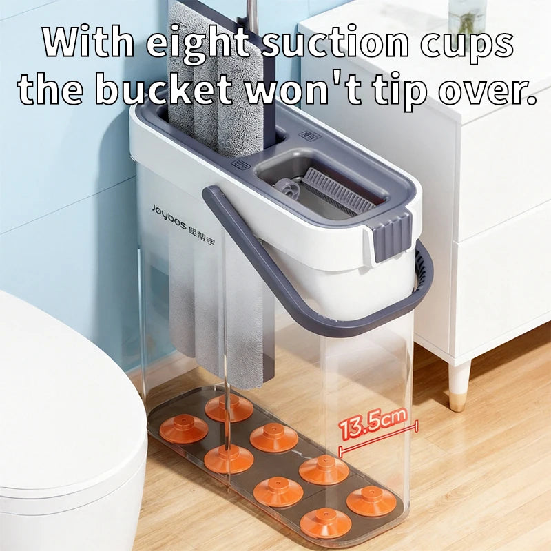 Joybos Space-Saving Slim Mop Bucket Set (Only 5.3" Wide), Self-Wringing Flat Mop with Built-in Hair Scraper & Anti-Tipping Suction Base, Includes 2 Washable Pads
