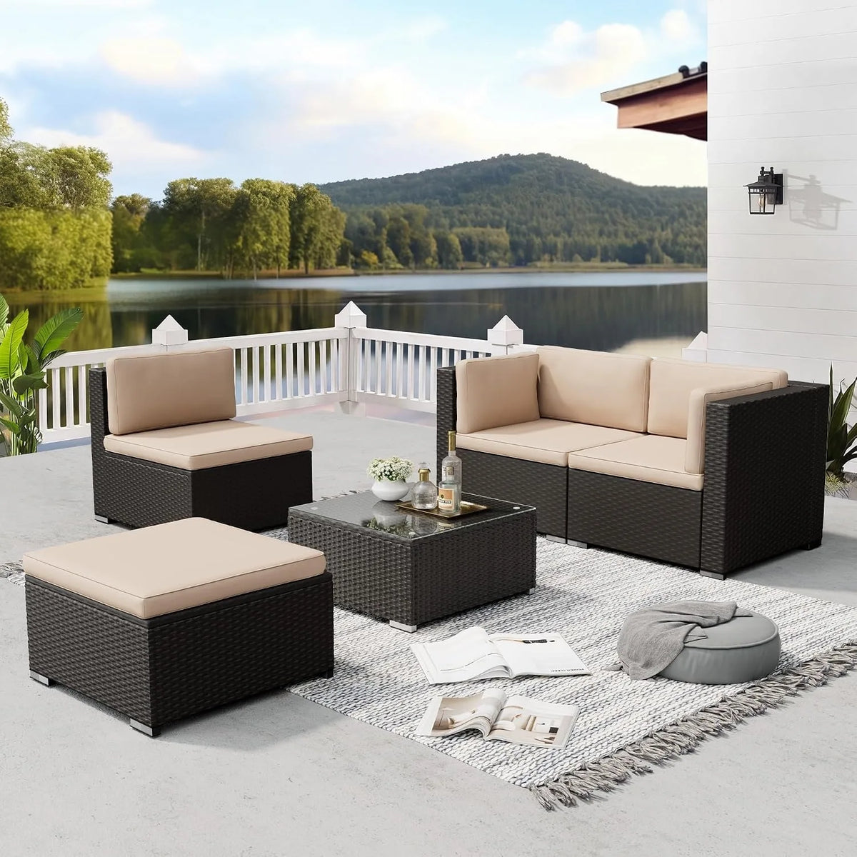 Outdoor All Weather Rattan 5 Piece Patio Sectional Sofa Set