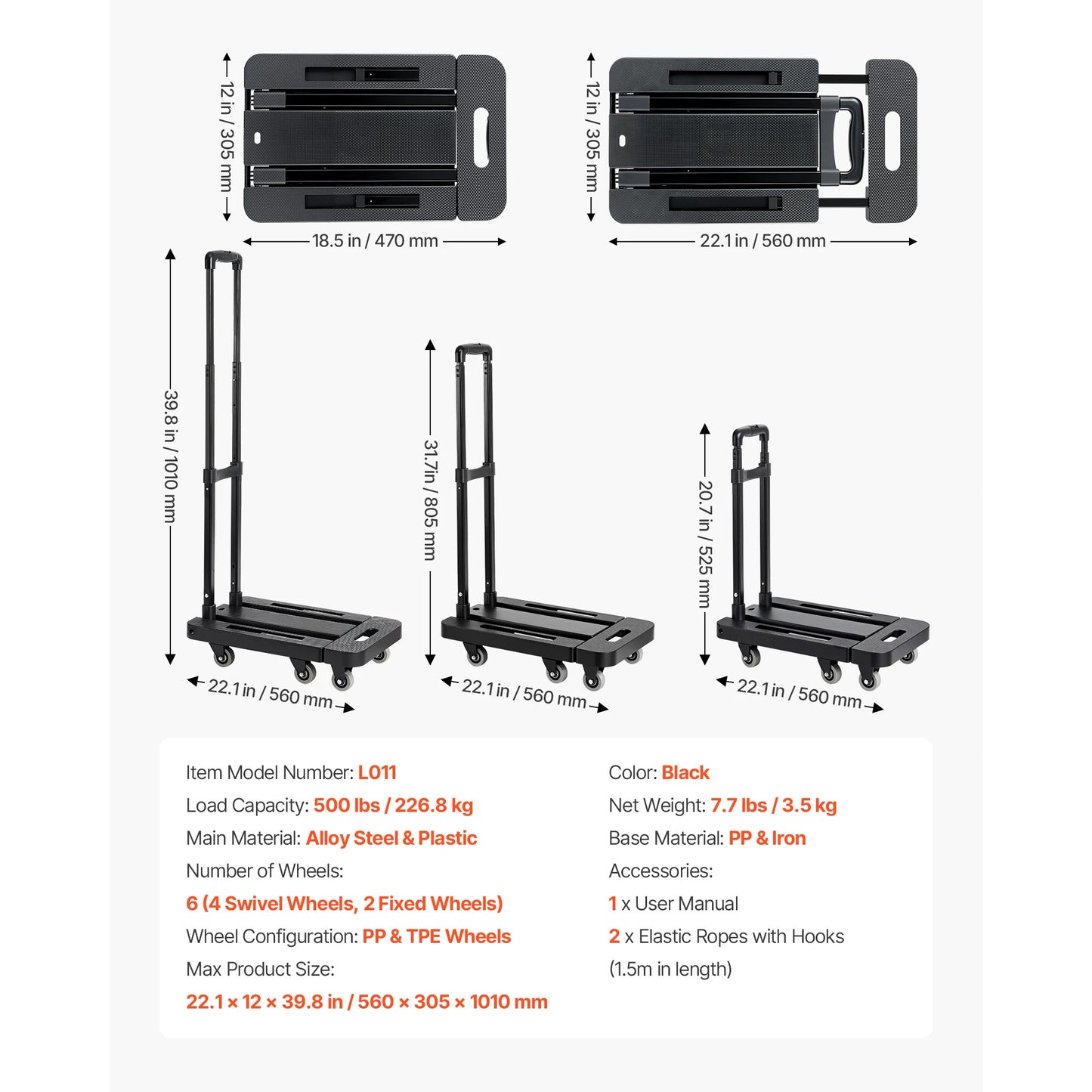 SucceBuy Folding Hand Truck 500 lbs Load Capacity Collapsible Luggage Cart with 6 Wheels 2 Elastic Ropes & Expandable Base Black