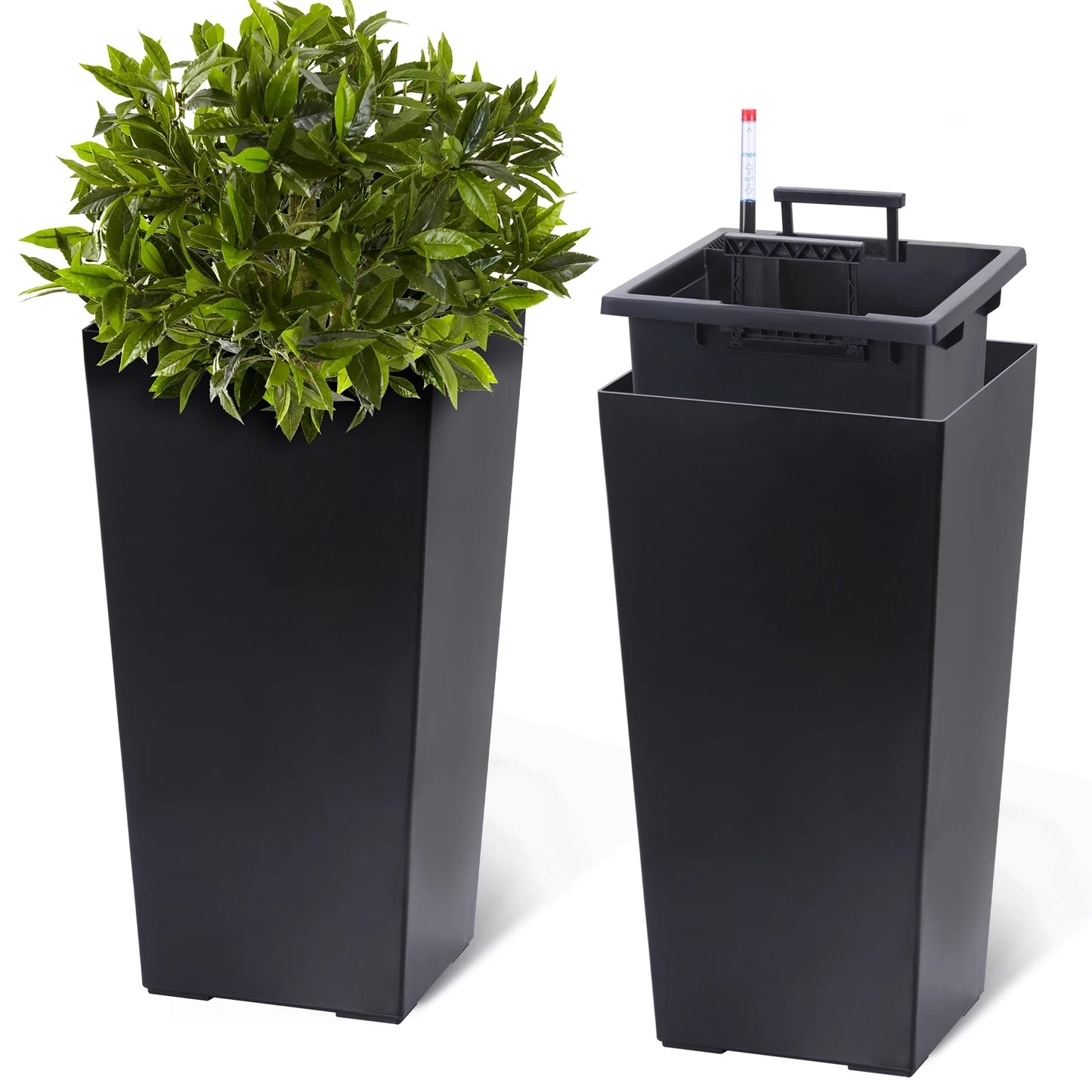 15.7"/22.5" Tall Planters Set Of 2, Self Watering Indoor Outdoor Front Porch Planter Pots With Drainage & Monitor Bucket