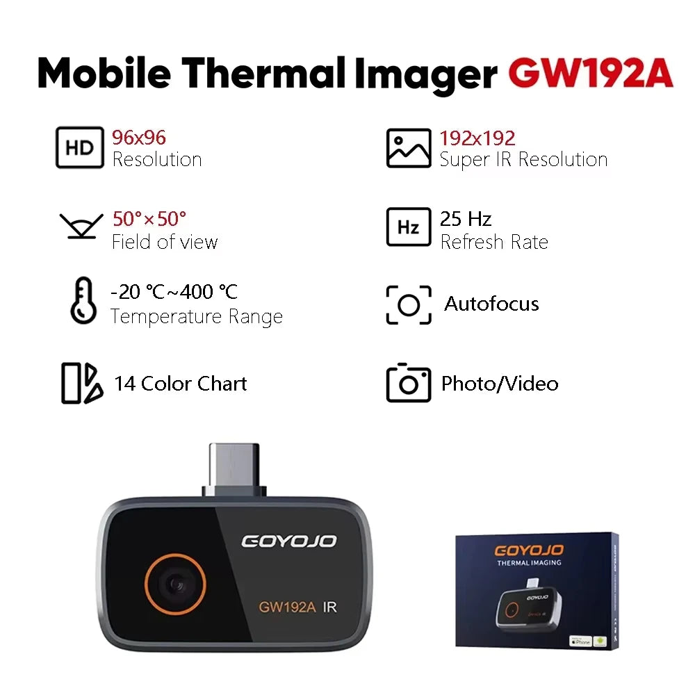 GW340 Thermal Camera for Android/iPhone (USB-C), 512x384 Super Resolution (256x192 Native IR), Thermal Imager Samsung/iOS 17/16/15 Series & IPads USB-C Port, HVAC, Automotive -4°F~752°F