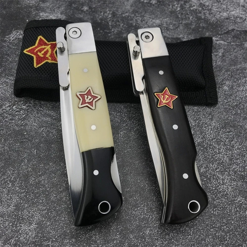 NKVD Tactical Folding Knife, Water Drop Mirror Blade, Beige Resin/Black Ebony Handle, with Nylon Sheath Outdoor Hunting EDC Tool