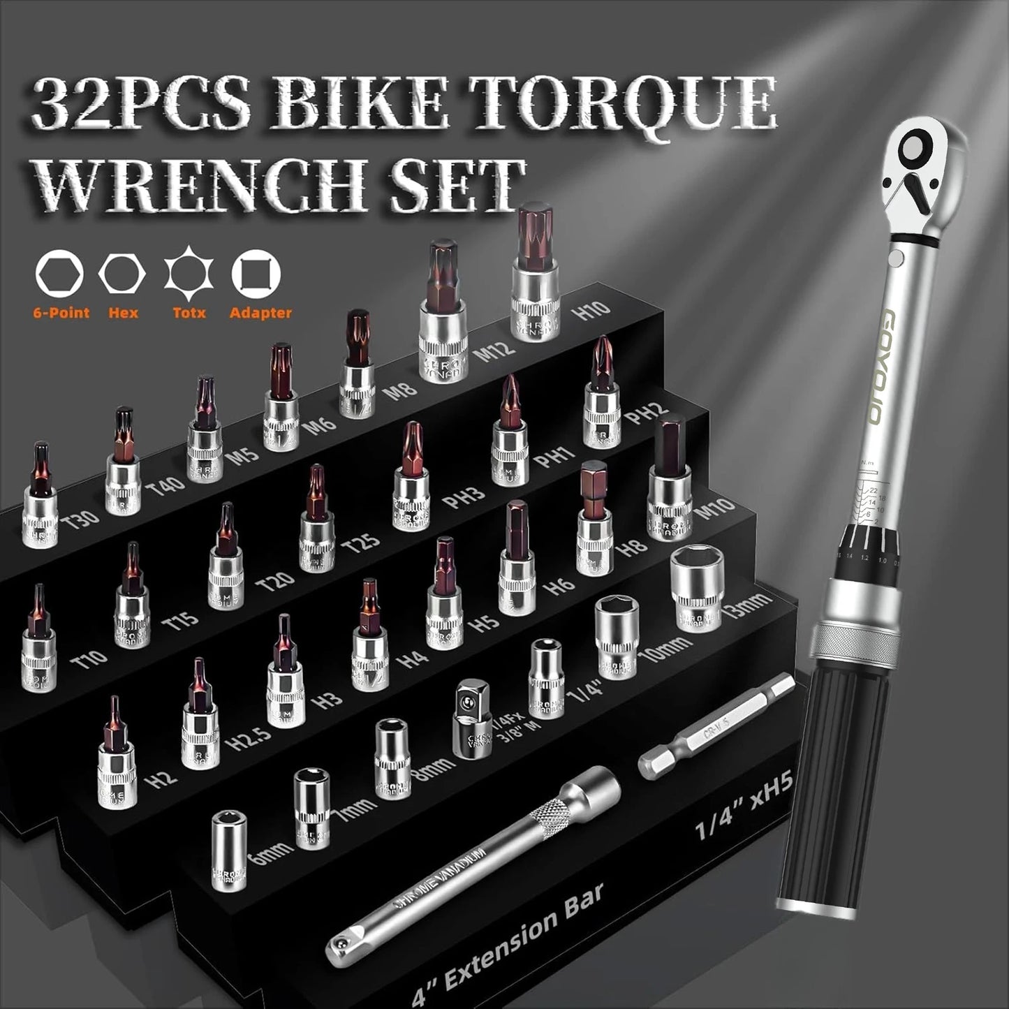 GOYOJO 1/4-Inch Bike Torque Wrench 32PCS (1.5–17.7 Ft-lbs/2-24 N.m) Reversible Head Dual-Scales 1/4 Torque Wrench 72 Tooth ±3% High Accuracy Click Torque Wrench Set For MTB Bicycle Maintenance