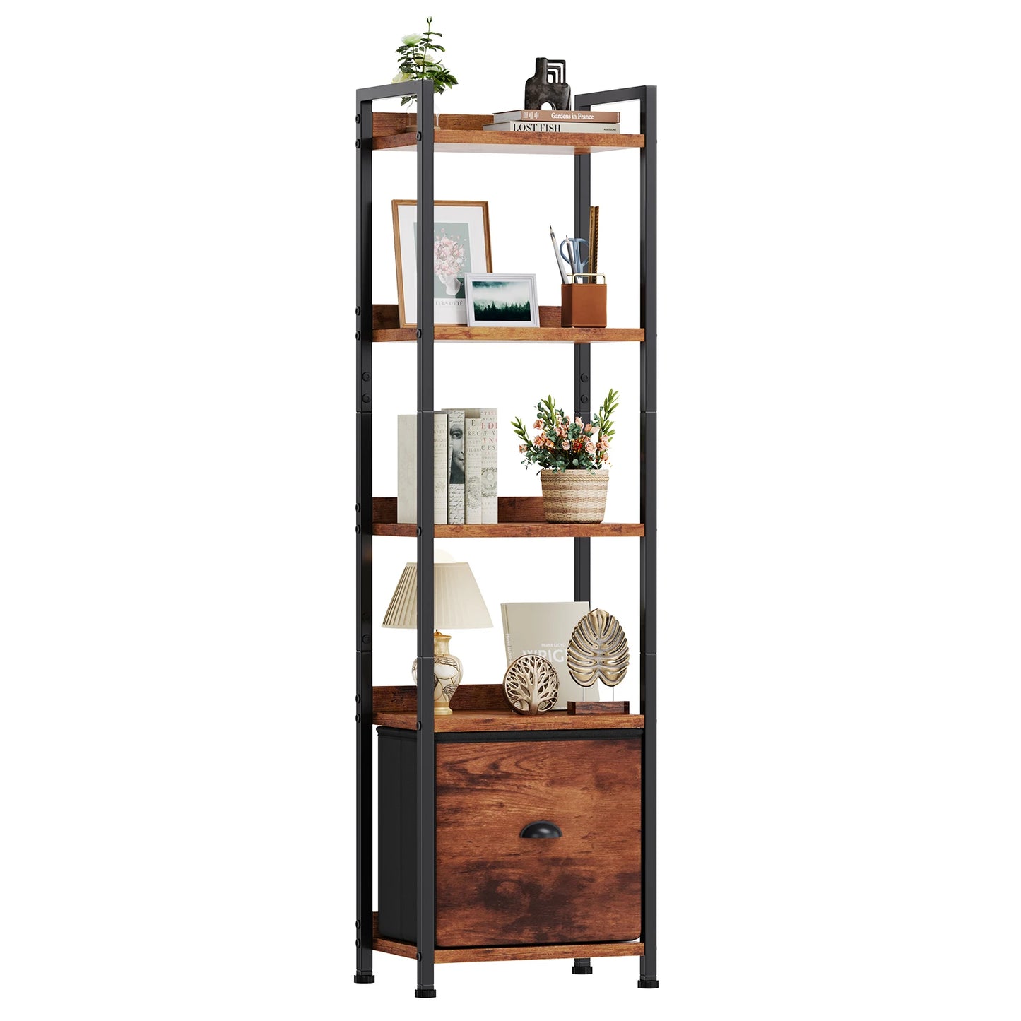 JHK Wood 5 Tier Bookshelf with 1 Fabric Drawer Multi-Functional Display Standing Shelf for Books Movies and Storage Organizer