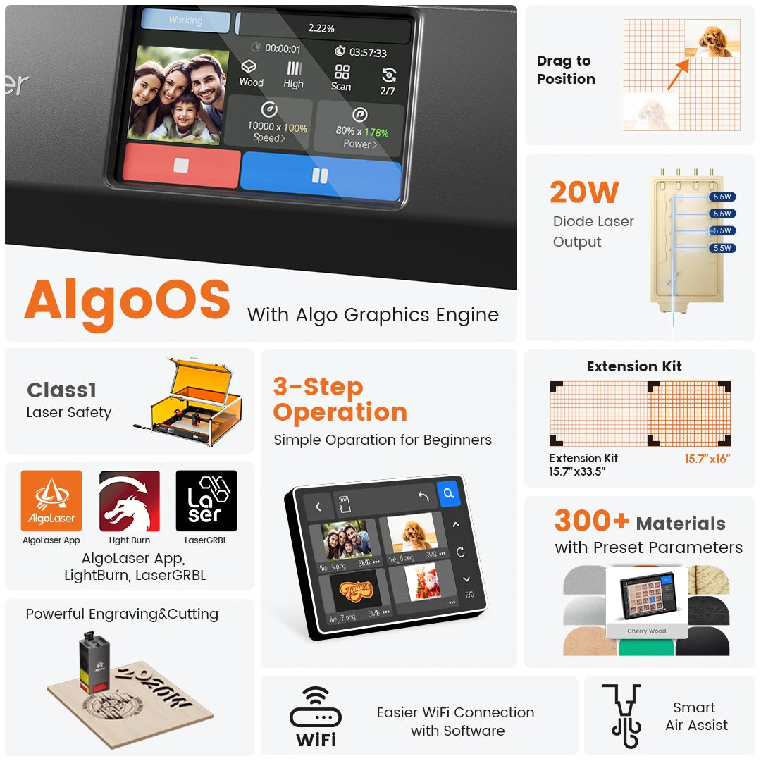AlgoLaser Alpha MK2 Laser Engraver 20W Powerful Laser Engraving Cutter Machine for Business, 3.5” Touch Screen Offline Control