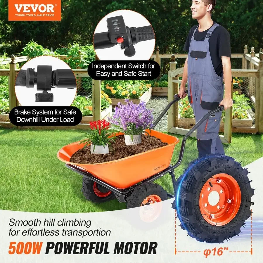 Electric Wheelbarrow Cart, 500W Powered Utility Garden Wagon Dump Cart, 4.5 Cu. Ft. Load amp 573 lbs Capacity with Metal Handle