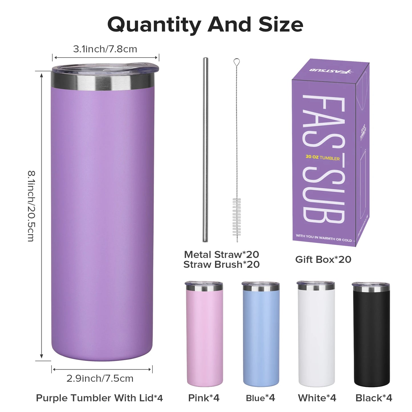 20 Pack 20 oz Skinny Powder Coated Stainless Steel Insulated Slim Tumbler,with Lid and Straw ,for Laser Engrave,DIY Gift