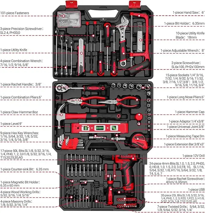 DEKO Home Mechanic Toolbox with 12V Power Cordless Drill Hand Repair Tools Sets Combo Kits Storage Organizer Drawer Case