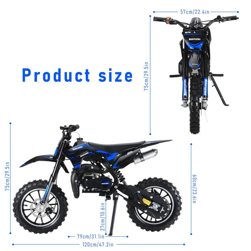 (Maximum load 330lb)Mini 49CC two-stroke gasoline motorcycle, anti-skid tires, front and rear wheel brakes, shock absorbers