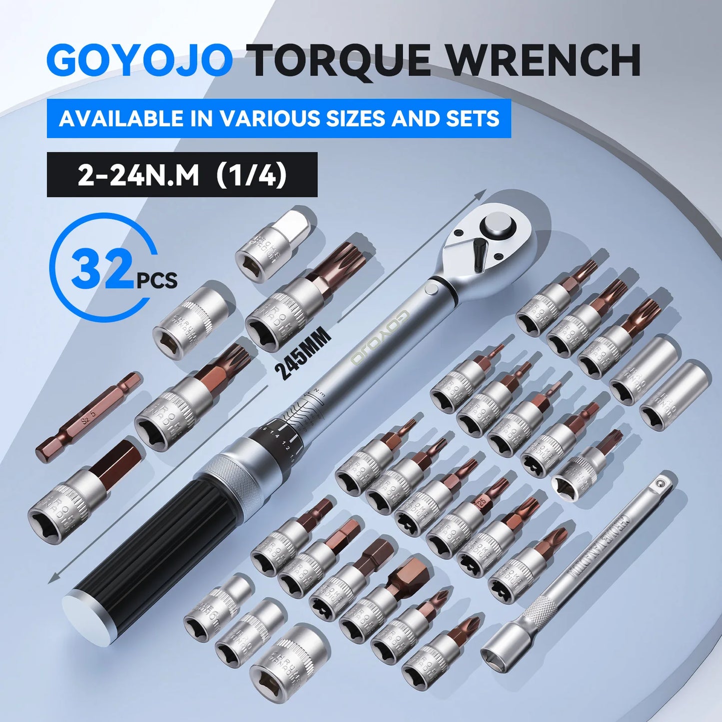 GOYOJO 1/4-Inch Bike Torque Wrench 32PCS (1.5–17.7 Ft-lbs/2-24 N.m) Reversible Head Dual-Scales 1/4 Torque Wrench 72 Tooth ±3% High Accuracy Click Torque Wrench Set For MTB Bicycle Maintenance