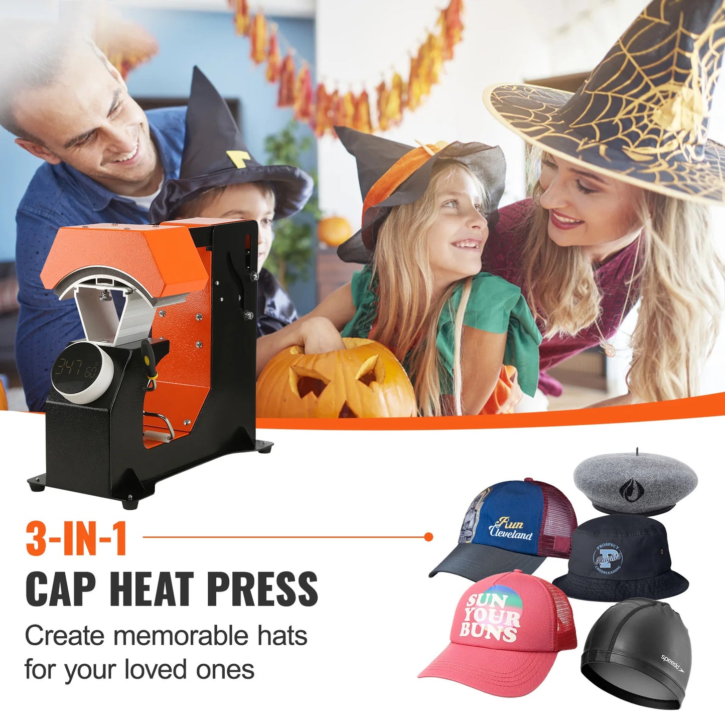 SucceBuy 3in1 Auto Hat Cap Heat Press Machine 6.4x3.5in Press Knob Clamshell Sublimation Transfer 3pcs Replaceable Heating Pad