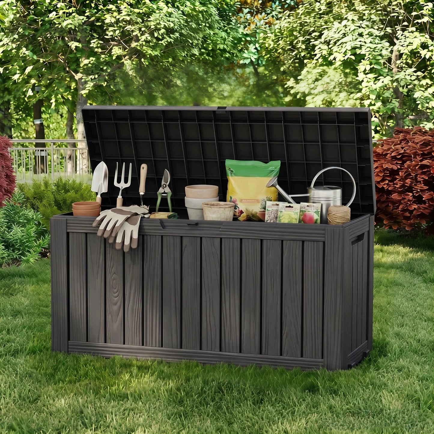 75 Gallon Black Outdoor Storage Box Waterproof Resin Deck Box with Wheels Lockable Patio Garden Storage Container for Cushions Tools Pool Supplies