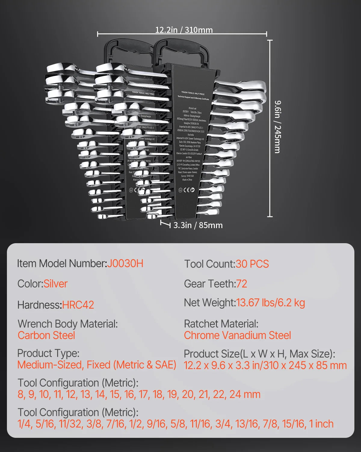 SucceBuy Combination Wrench Set 24/30-Piece Ratcheting Wrench Set with Organizer Rack Cr-V Steel Wrench Set SAE  Metric