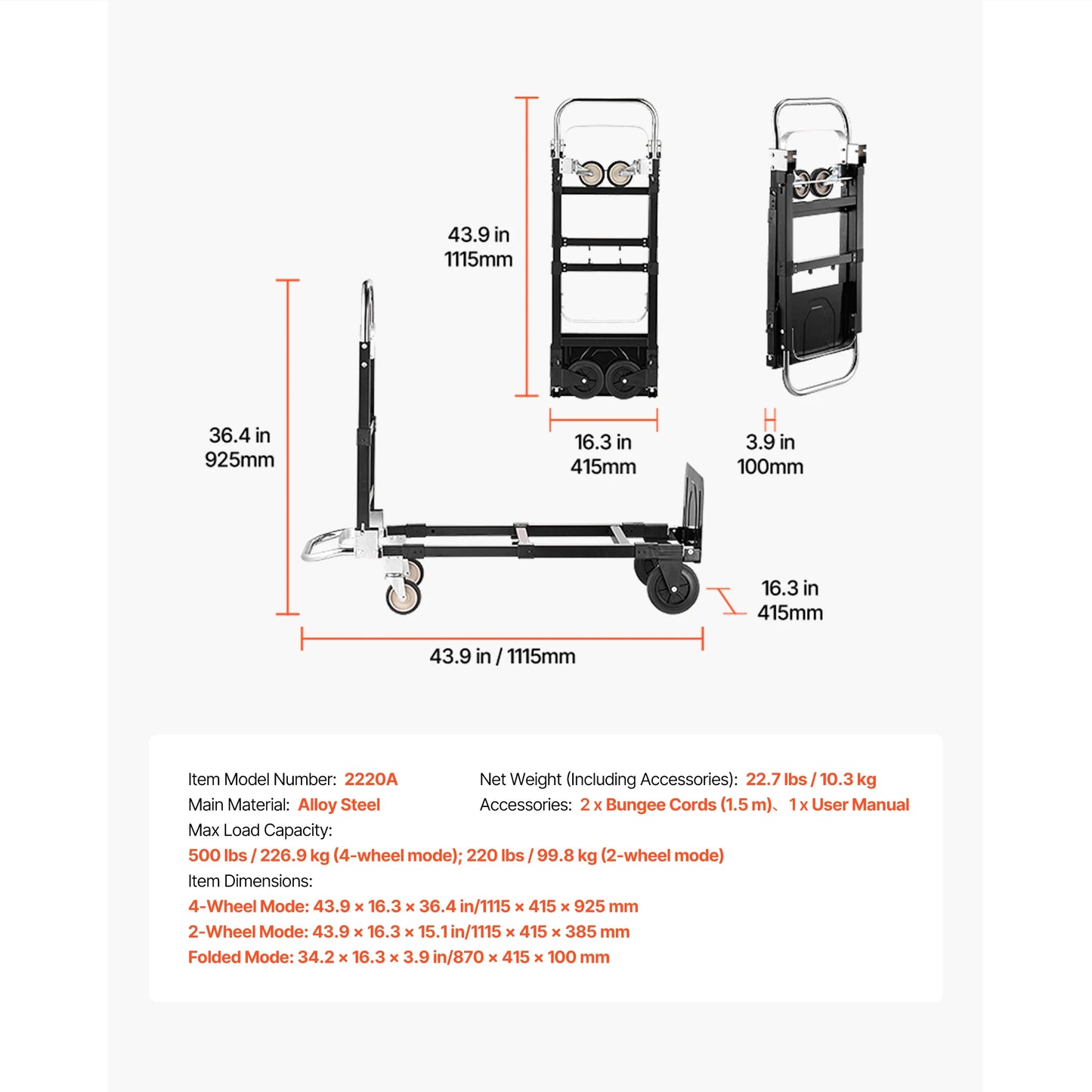 SucceBuy 2 in 1 Folding Hand Truck 500lb Load Capacity for 4-Wheel Mode Convertible Hand Truck Dolly with Wheels for Moving Home