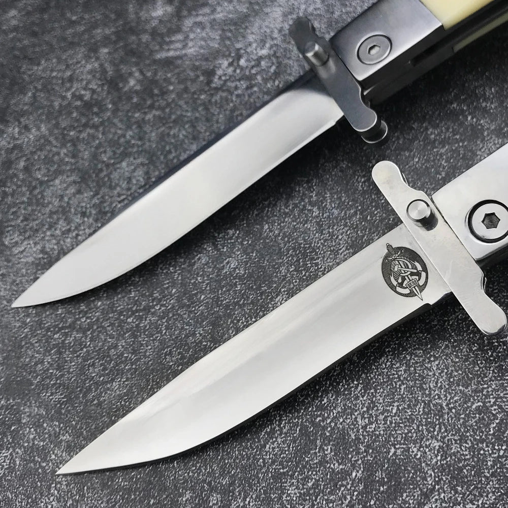 NKVD Tactical Folding Knife, Water Drop Mirror Blade, Beige Resin/Black Ebony Handle, with Nylon Sheath Outdoor Hunting EDC Tool
