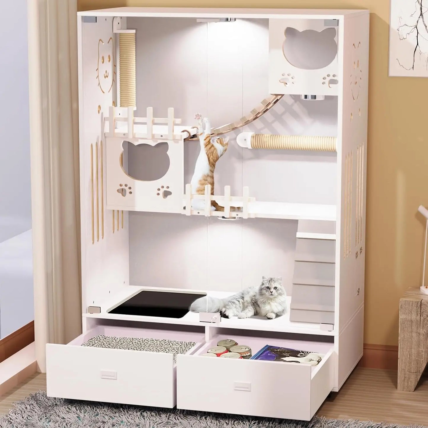 Large Wooden Cat Enclosure Indoor Villa Drawer Wheels Glass Doors 57x36x24 White, Customized