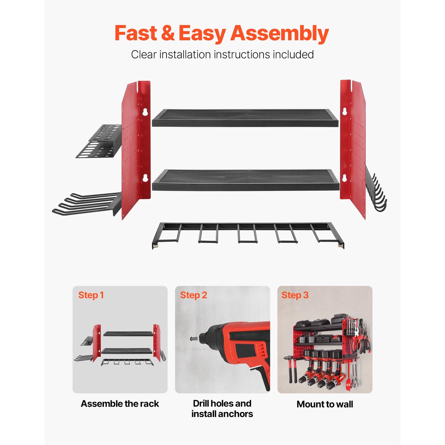 SucceBuy 3-Layer Power Tool Wall Mount Holder Pegboard Wall Storage Tool Set Drill Screwdriver Storage Rack for Workshop/Garage