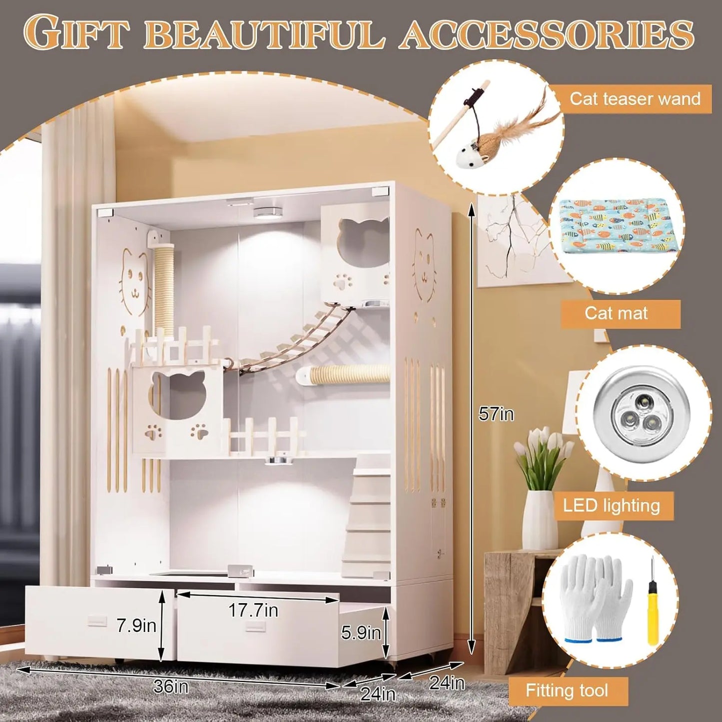 Large Wooden Cat Enclosure Indoor Villa Drawer Wheels Glass Doors 57x36x24 White, Customized