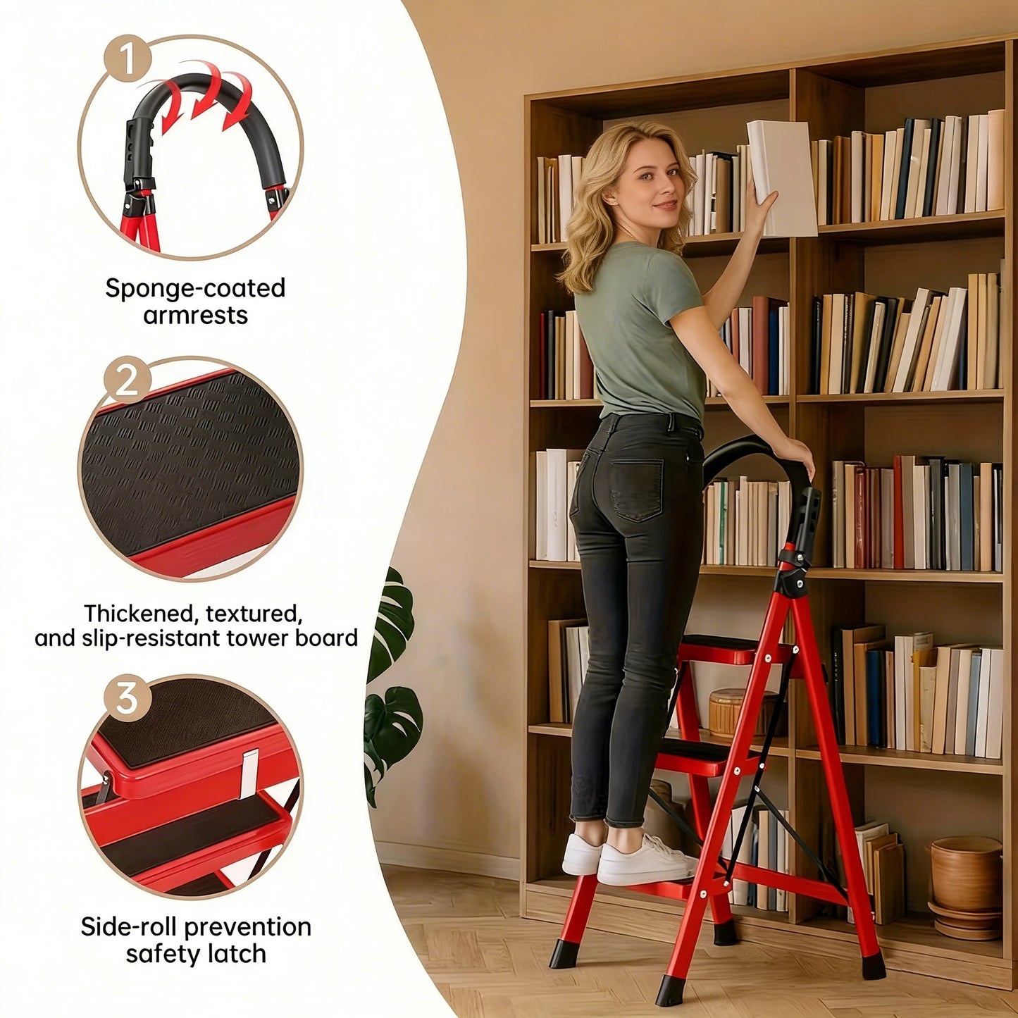 Red 3-Step Foldable Ladder with Tool Shelf & Anti-Slip Foot Pads - Reinforced Steel Frame, Glue Cotton Handle, Compact Storage for Home, Office & DIY Projects