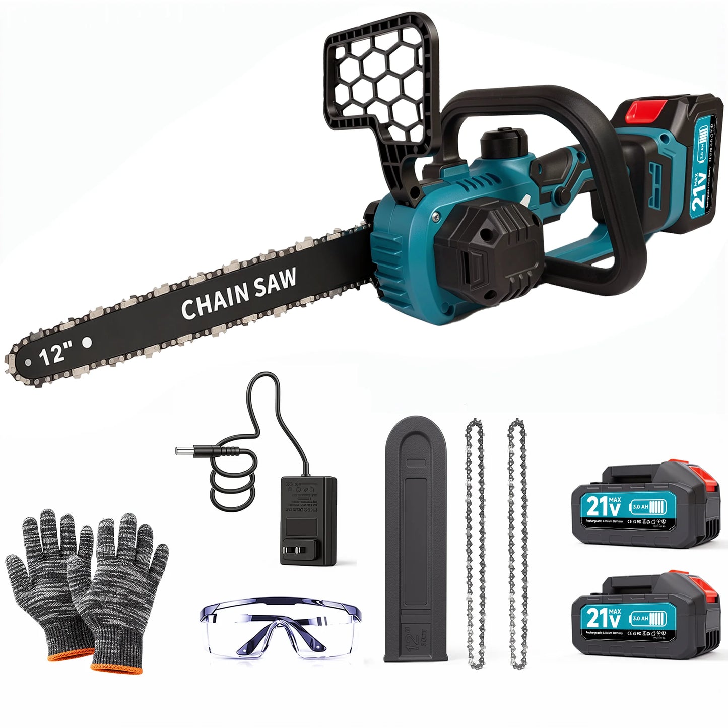 XYSD 12 in Electric Chainsaw Cordless, 21v ,2x3000mah Battery Handheld Chainsaw for Tree Trimming Electric Tree Trimmer Saw