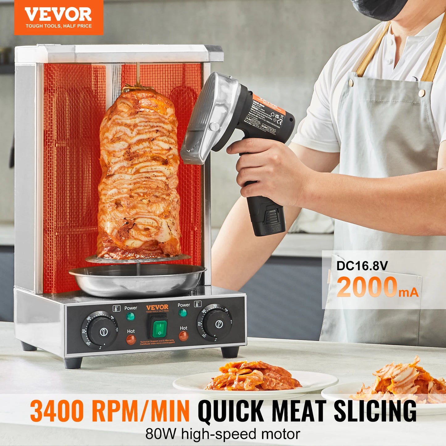 SucceBuy Electric Shawarma Knife, Cordless Battery Professional Turkish Knife Commercial Stainless Steel Gyro Cutter