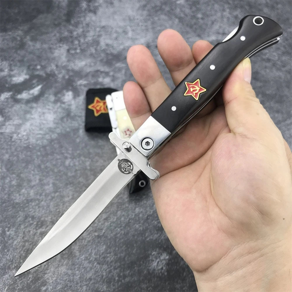 NKVD Tactical Folding Knife, Water Drop Mirror Blade, Beige Resin/Black Ebony Handle, with Nylon Sheath Outdoor Hunting EDC Tool
