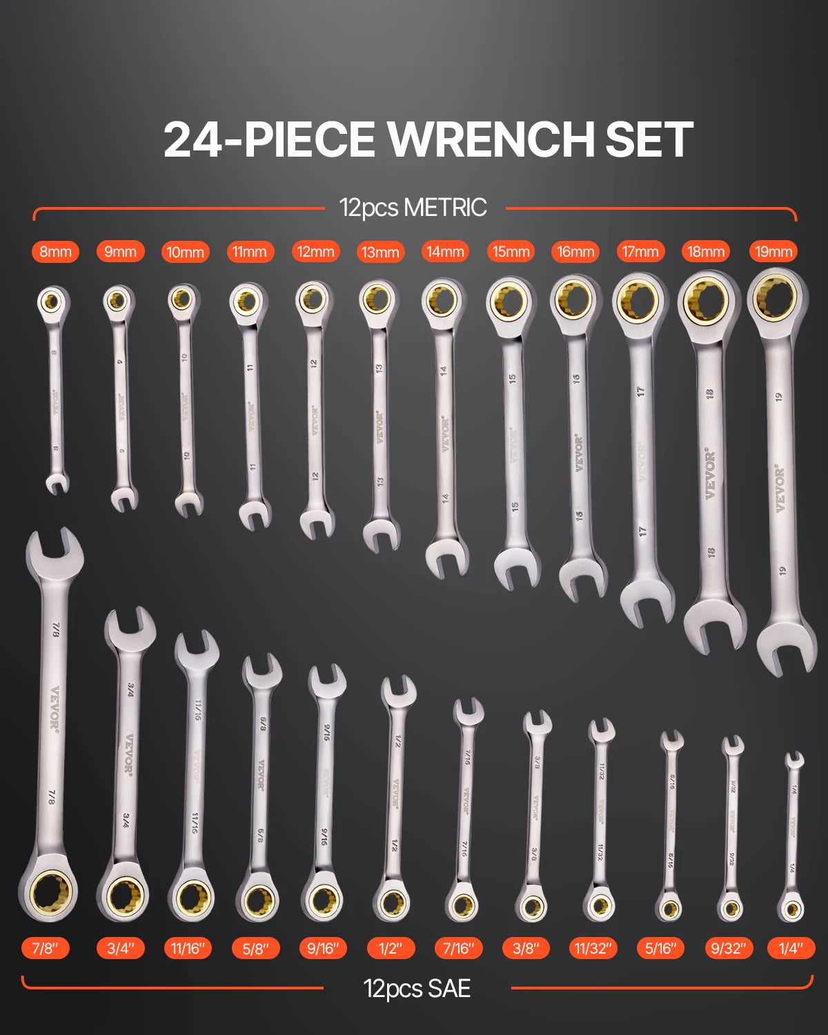 SucceBuy Combination Wrench Set 24/30-Piece Ratcheting Wrench Set with Organizer Rack Cr-V Steel Wrench Set SAE  Metric