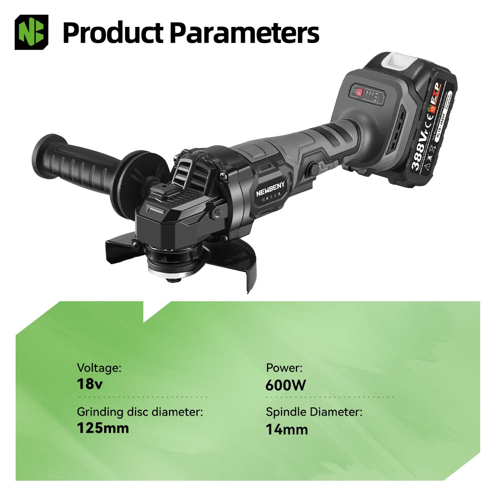 NEWBENY 3 Gears 125mm Brushless Cordless Electric Angle Grinder Woodworking Grinding Polisher Cutter Tool for Makita Battery Pin
