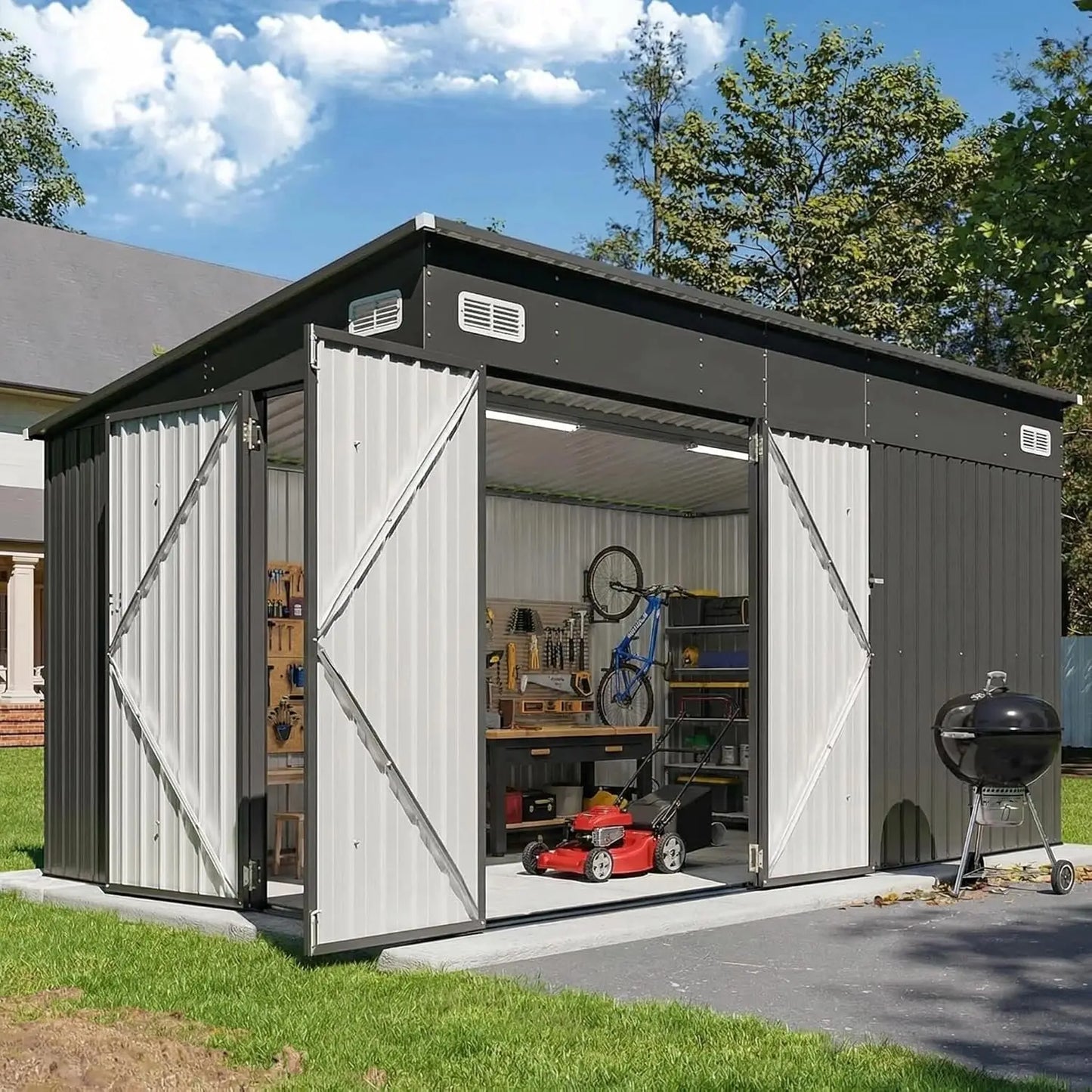8x10 Metal Outdoor Storage Shed Triple Doors Dual Lock Sloped Roof Galvanized Steel for Mower Bike Garden Tools, Custom
