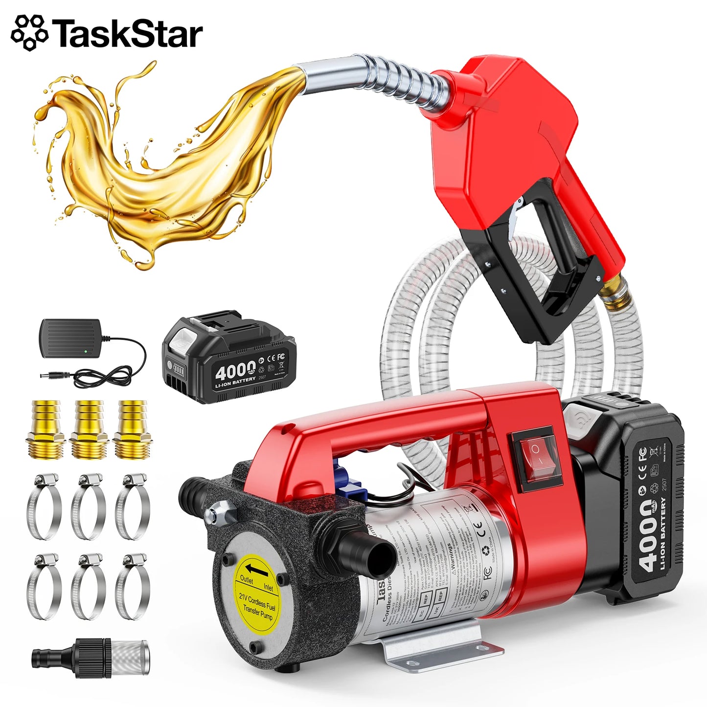 Taskstar Cordless Fuel Transfer Pump 12GPM w/2x6.6FT Hoses Electric Diesel Kerosene Transfer kit for 18V Makita Battery pin