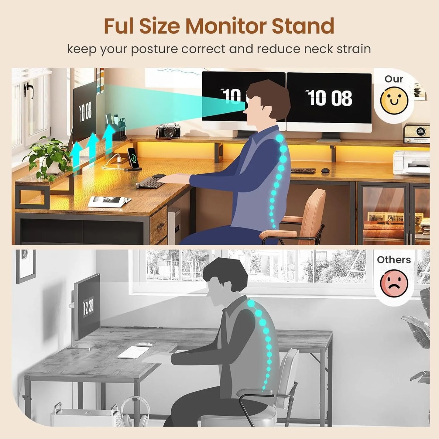 L Shaped Gaming Desk with 4 Drawers, Computer Desk with Display Cabinet, Home Office Desks with 2 Monitor Stands, Customized