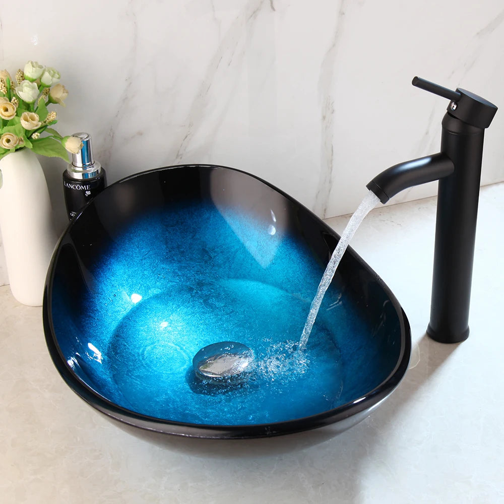 KEMAIDI Bathroom Sink Countertop Basin Bowl with Faucet Washroom Vessel Vanity Sinks Tempered Glass Basin Washbasin Faucet Set