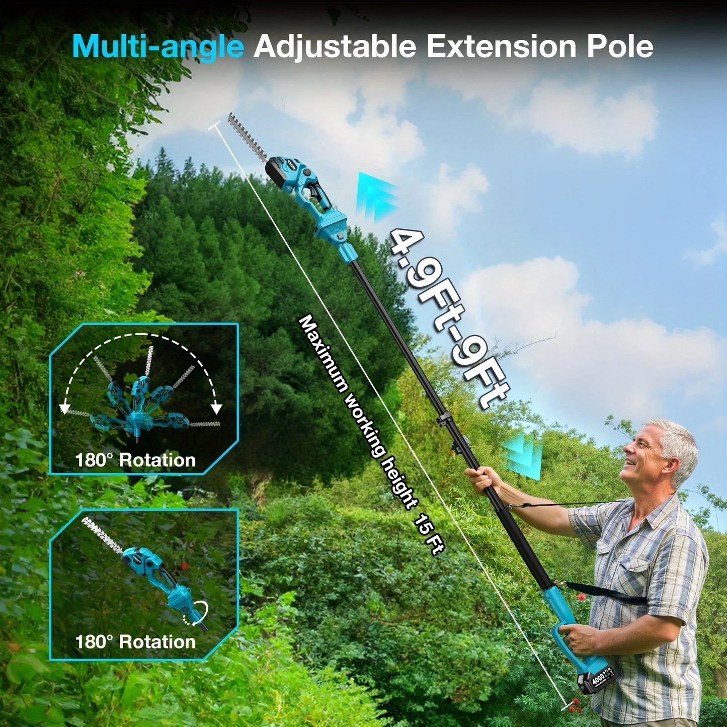 TaskStar 3-in-1 Cordless Telescopic Pole Hedge Trimmer&Electric Grass Shears&Hedge Clippers For Garden Weed Bush Tree Branches