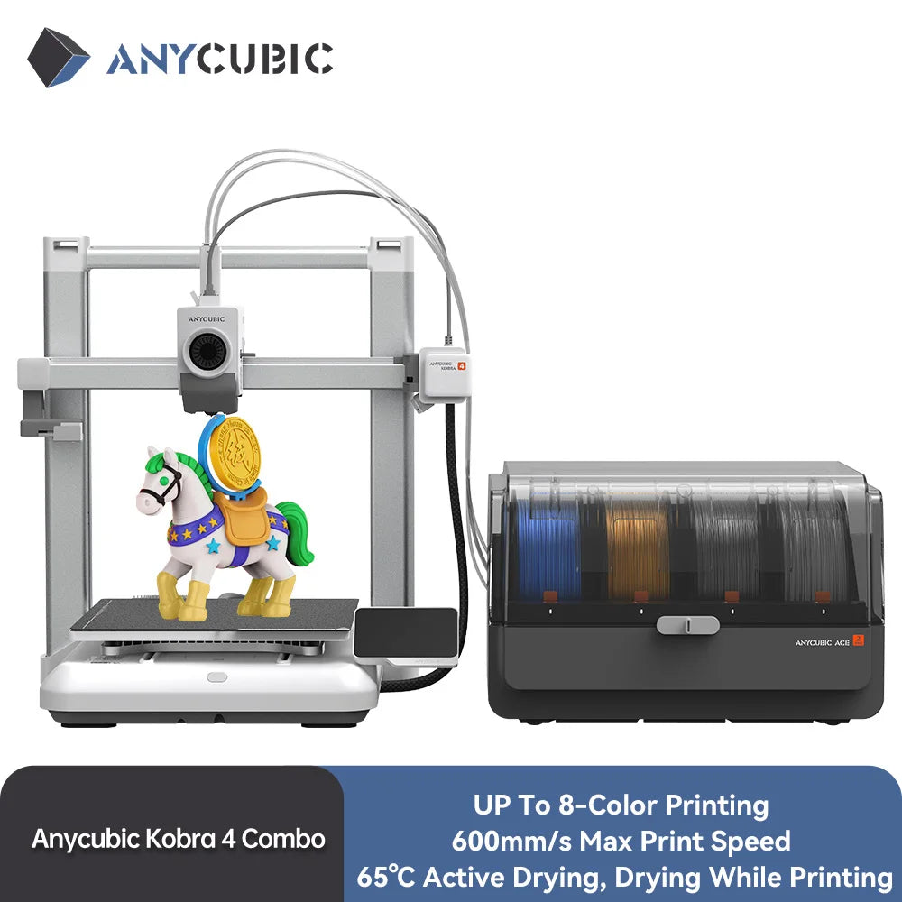 ANYCUBIC Kobra 4/Kobra 4 Combo 600mm/s Fast Printing Multi-Color 3D Printer Up to 8 Colors ACE 2 Pro Filament Drying APP Control FDM 3D Printer