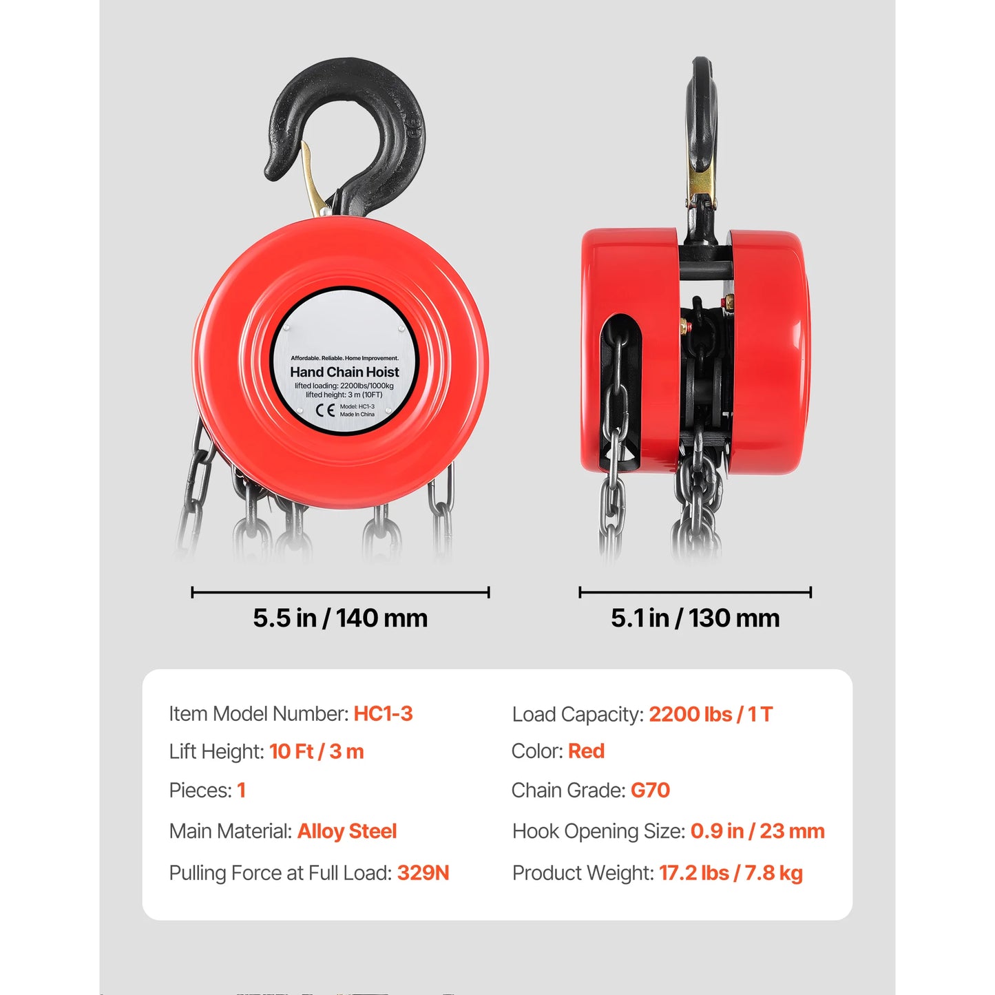 SucceBuy 1T/2T Hand Chain Hoist Manual Chain Block with 8/10/20 ft Lifting Height Pulley Hoist for Garage Warehouse Machinery