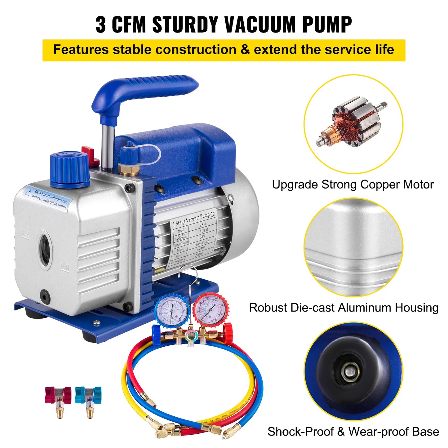 SucceBuy 3CFM 1/4HP Single Stage Air Vacuum Pump HVAC R134a R12 R22 R410a A/C Refrigeration Kit AC Manifold Gauge R134 Can Tap