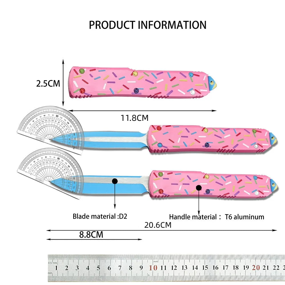 Outdoor Tactical Folding Knife 3.46 Inch D2 Blade T6 Aluminum Pink Donut Handle Deep Pocket Clip EDC Camping Hiking Hunting Tool