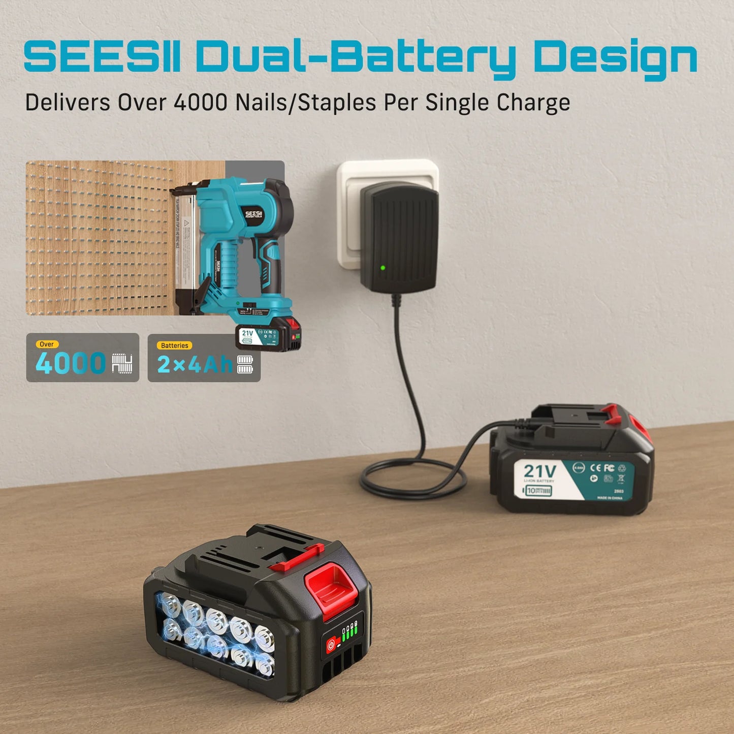 SEESII Electric Impact Nail Gun 1000pcs Nails/Staples Woodworking 2 in 1 Stapler Gun Electric Nail Gun DIY Tools 4.0Ah Battery