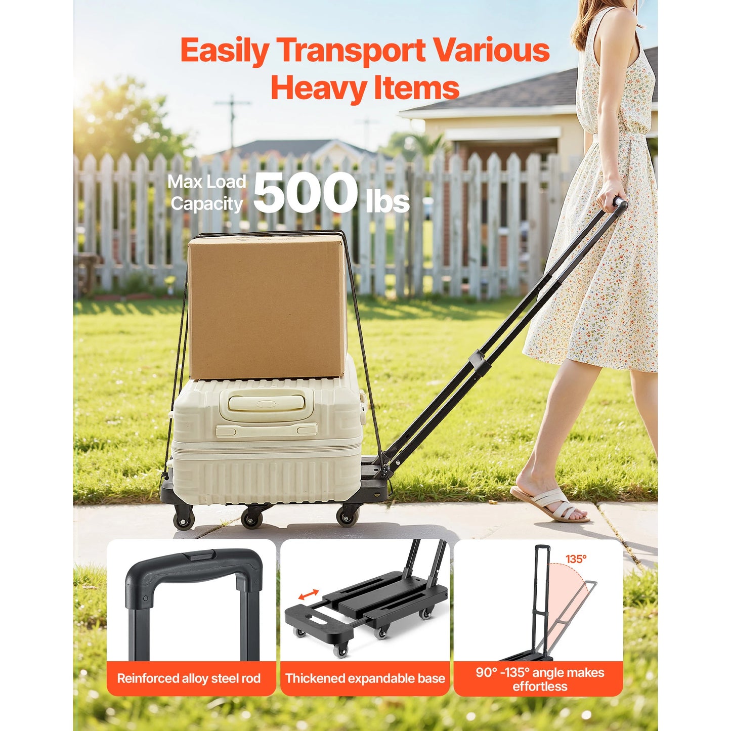 SucceBuy Folding Hand Truck 500 lbs Load Capacity Collapsible Luggage Cart with 6 Wheels 2 Elastic Ropes & Expandable Base Black