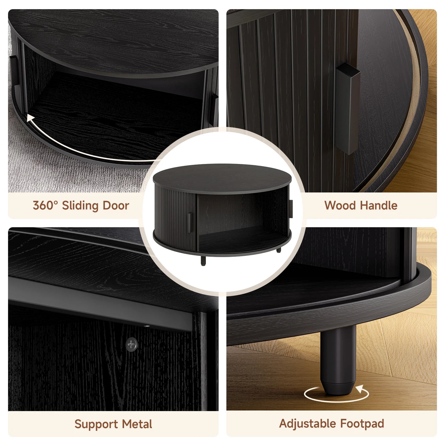 Round Coffee Table with Storage, 31.5 In Drum Coffee Table with 360° Curved Sliding Door, ModernFluted Wood Accent Coffee Tablee